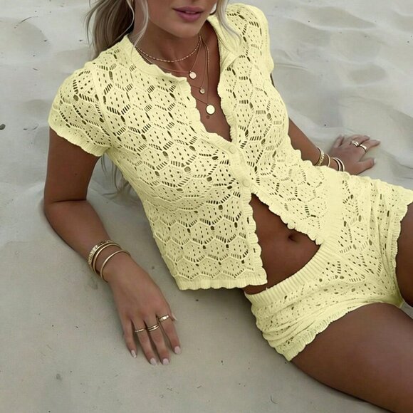 MODA ME COUTURE Sweaters - Light Yellow Casual Women's Crochet Mesh Beach Cover Up and Shorts Set